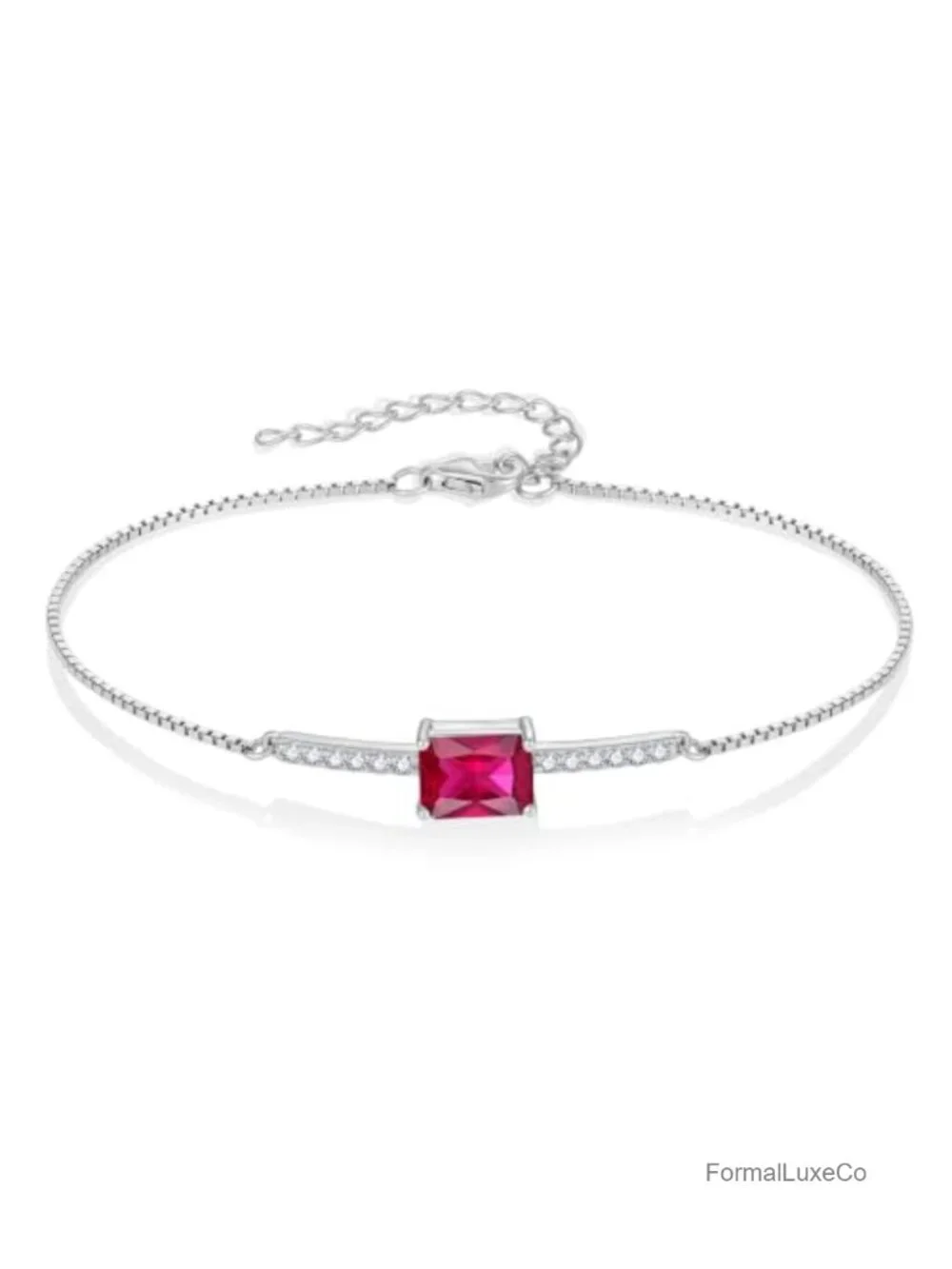 Sterling Silver Halo Rectangular Cut Birthstone Bracelet for Her
